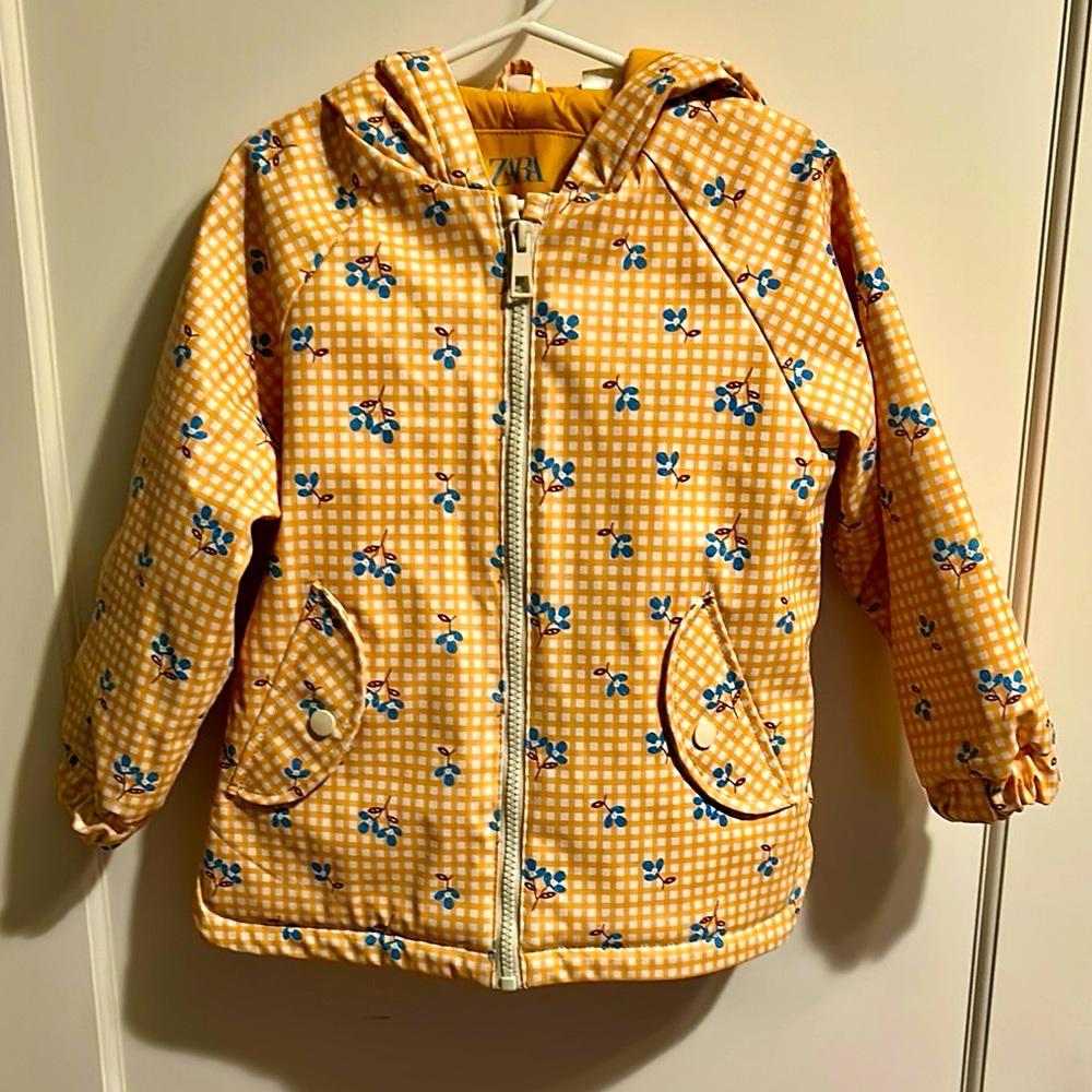 Zara Girls Orange Checkered Rain Jacket with Blue Floral Print